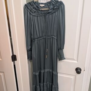 Moon River Slate Green Ruffle-Tiered Maxi Dress